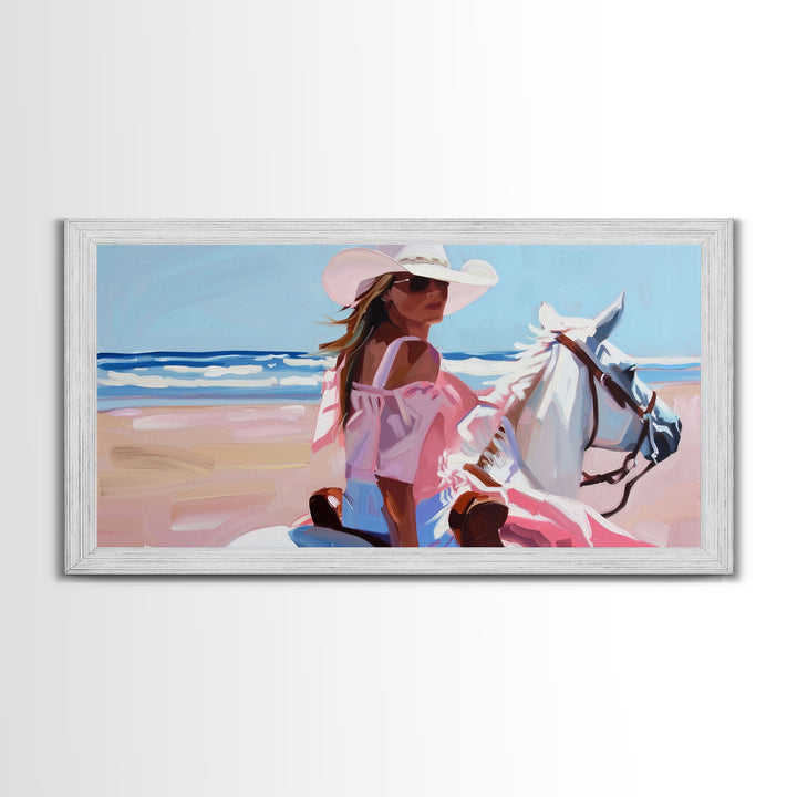 Elegant Cowgirl on Horse by the Shore, Beautiful Framed Canvas Print, Ideal for Coastal Living Room Art, Beach Bedroom Decor, Horse Wall Art