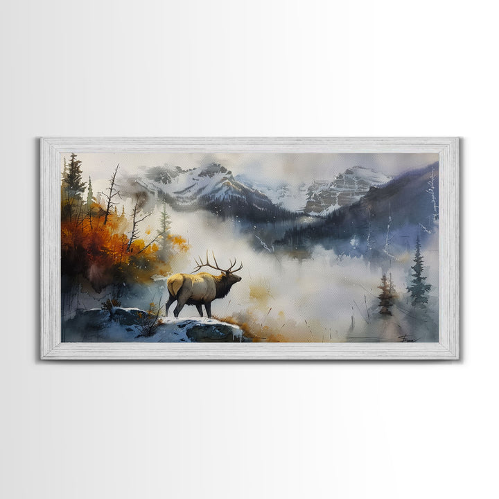 Majestic Elk in Misty Mountains, Framed Canvas Print, Perfect for Living Room Art, Rustic Bedroom Decor, Nature Wall Art, Wildlife Scene