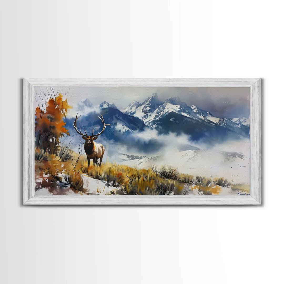 Majestic Elk in Mountain Landscape with Fall Foliage, Stunning Framed Canvas Print, Living Room Art, Rustic Bedroom Decor, Wall Art