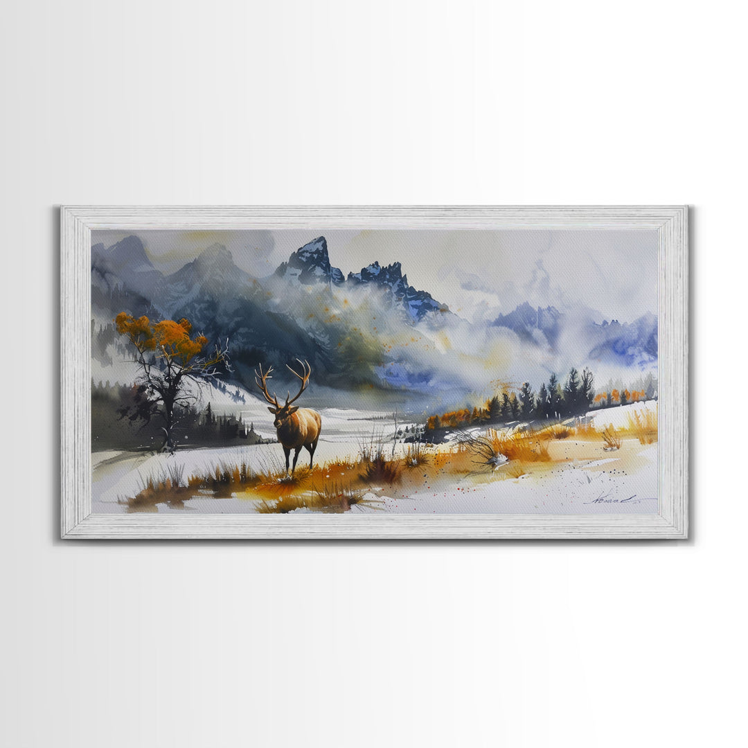 Majestic Elk in Snowy Mountain Scene, Beautiful Framed Canvas Print,for Living Room Art Rustic Bedroom Decor Nature Wall Art, Wildlife Scene