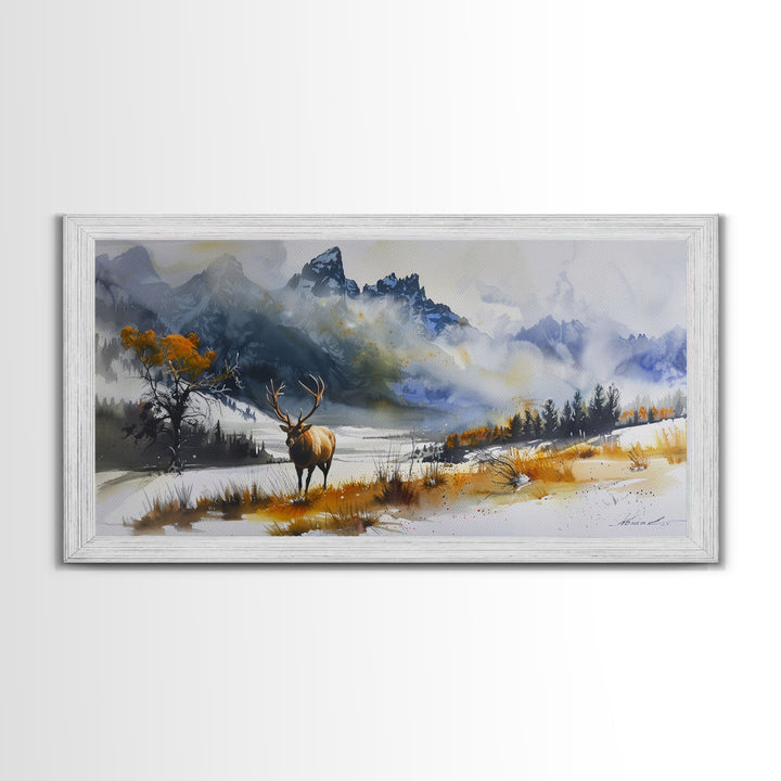 Majestic Elk in Snowy Mountain Scene, Beautiful Framed Canvas Print,for Living Room Art Rustic Bedroom Decor Nature Wall Art, Wildlife Scene