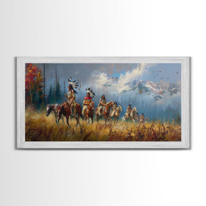 Native American Warriors on Horseback in Autumn Forest, Perfect Wall Art, Framed Canvas Print Living Room or Bedroom Decor, Historical Art