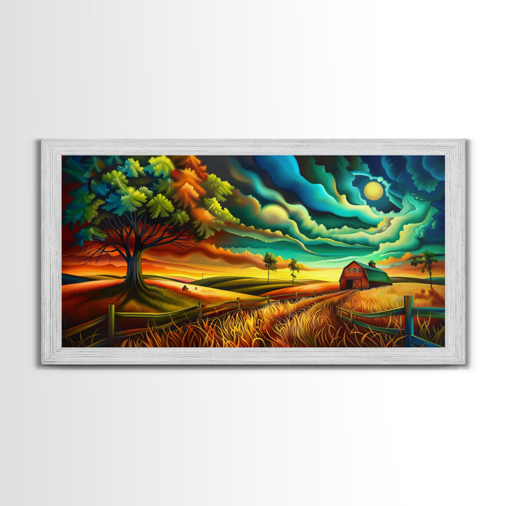 Vivid Abstract Farm Landscape with Dramatic Sky, Perfect Wall Art, Framed Canvas Print for Living Room or Bedroom Decor, Colorful Nature Art