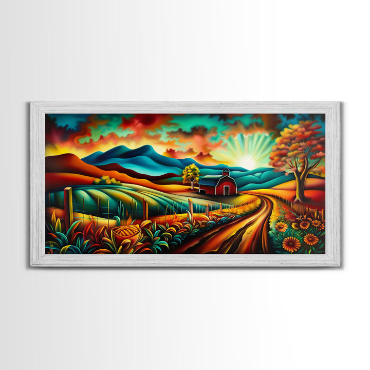 Colorful Farm Scene with Sunrise Over Mountains, Perfect Wall Art, Framed Canvas Print for Living Room or Bedroom Decor, Vibrant Nature Art