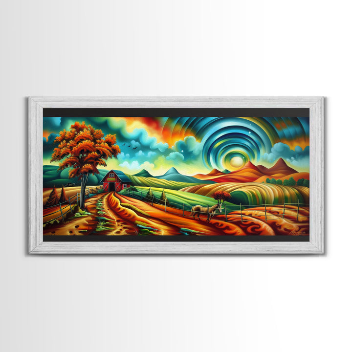 Colorful Abstract Farm Landscape with Rolling Hills, Perfect Wall Art, Framed Canvas Print Living Room or Bedroom Decor, Vibrant Nature Art