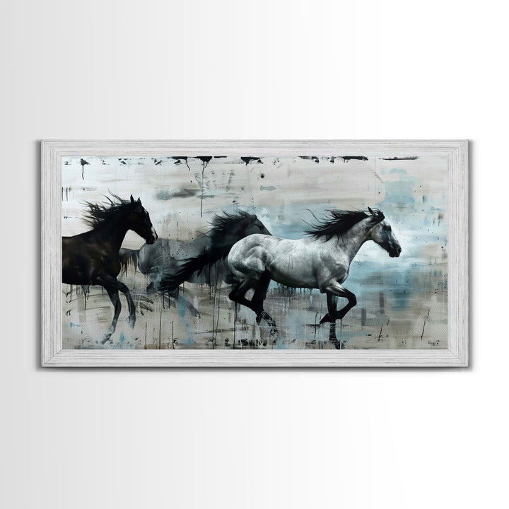 Black and White Horses Running in Abstract Landscape, Ideal Wall Art, Framed Canvas Print for Living Room or Bedroom Decor, Colorful Art