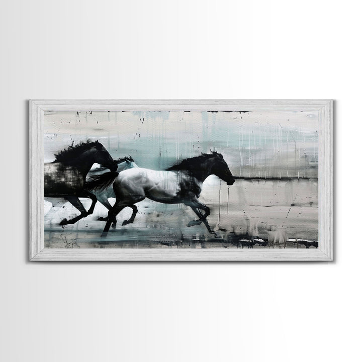 Colorful Abstract Horses Running, Black and White Wall Art, Framed Canvas Print for Living Room or Bedroom Decor, Equestrian Art