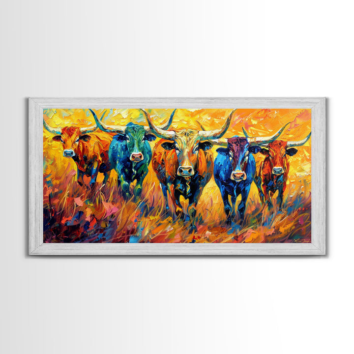 Colorful Herd of Cattle, Ideal for Living Room Art, Framed Canvas Print, Bedroom Decor, Home Decoration, Rustic Farmhouse Art