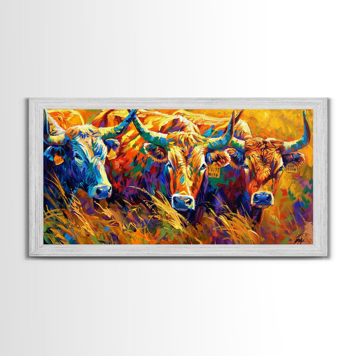 Expressive Cattle in Bright Colors, Ideal for Living Room Art, Framed Canvas Print, Bedroom Decor, Home Decoration, Unique Farmhouse Decor