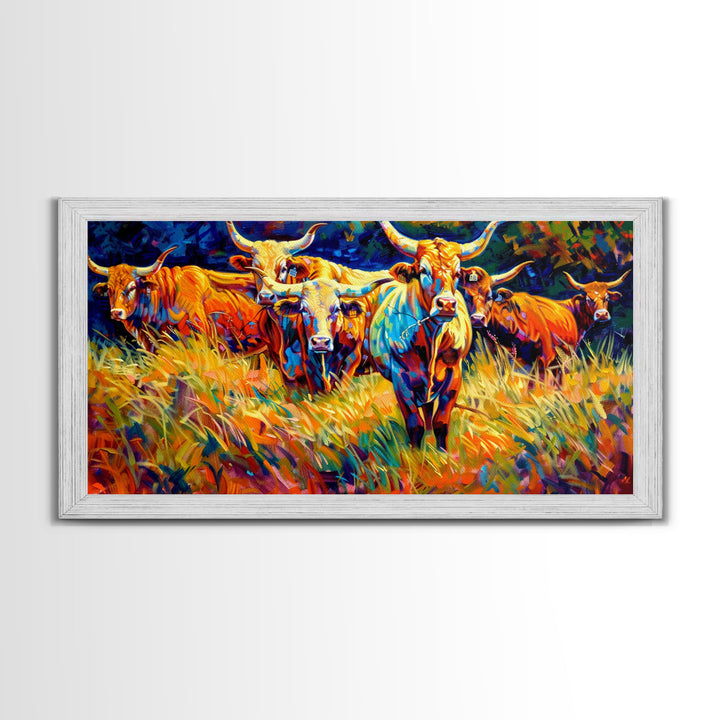 Beautiful Herd of Cattle in Colorful Style, Living Room Art, Framed Canvas Print, Bedroom Decor, Home Decoration, Artistic Farmhouse Decor