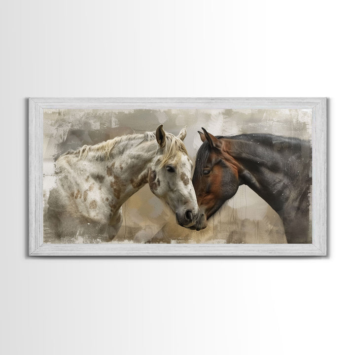 Horse Pair in Artistic Setting, Framed Canvas Print for Elegant Living Room Decor, Equine Art for Home and Bedroom Decoration