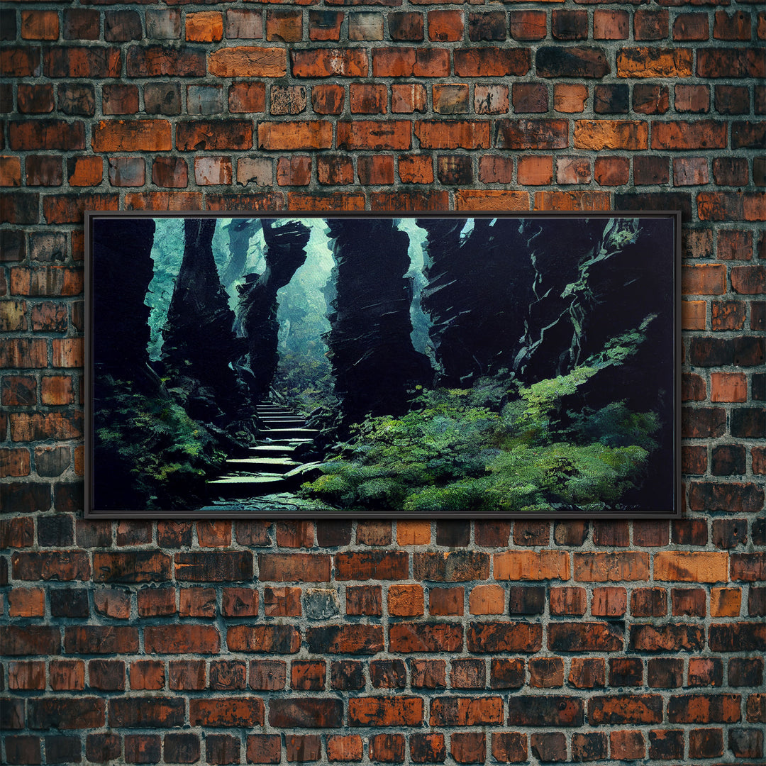 Fantasy Forest with Temple Steps, Wall Decor, Ready To Hang Framed Canvas Print, Oversize Wall Art