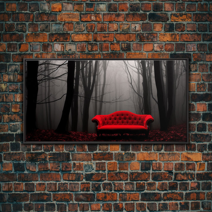 Red Sofa In A Forest Framed Canvas Print, Thought Provoking Art, Framed Art, Creepy Photography, Halloween Art