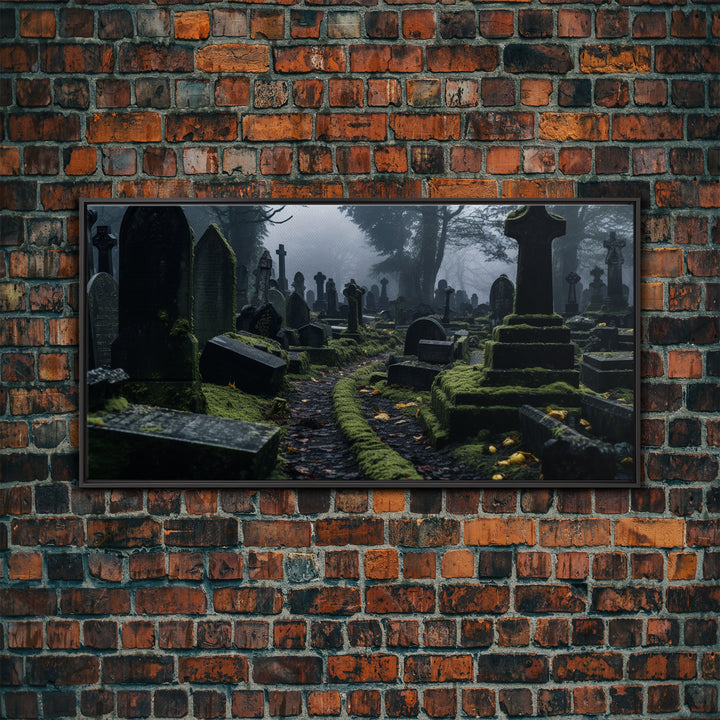 Moss Covered Cemetary, Haunted Graveyard Photography, Halloween Decor, Framed Canvas Print, Halloween Wall Art