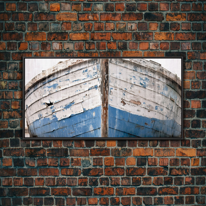 Photo Of An Old Wooden Boat With Peeling Paint, Framed Canvas Print, Nautical Wall Art, Lakehouse Decor