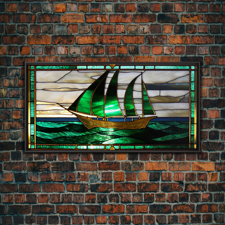 Emerald Green and Gold Art Deco Sail Boat, Framed Canvas Print, Retro MCM Style Wall Art, Midcentury Modern, Vintage Style, Stained Glass