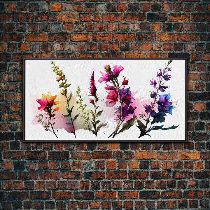 Colorful Wild Flowers On White Background, Framed Canvas Print, Watercolor Wall Art, Wall Decor, Floral Art, Pink Flowers, Mother's Day
