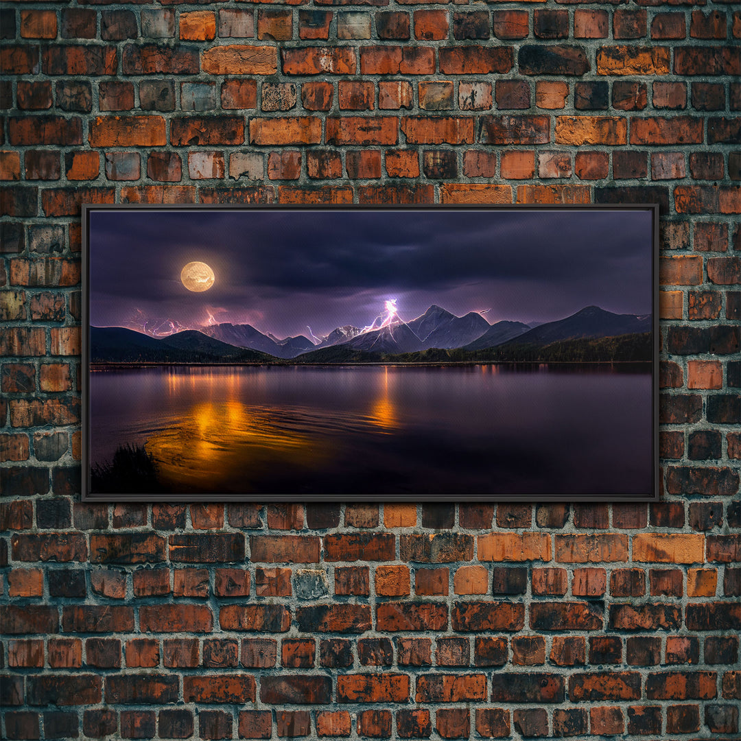 Full moon canvas print, Lightning storm over a mountain lake at night, cool wall art, awesome wall art