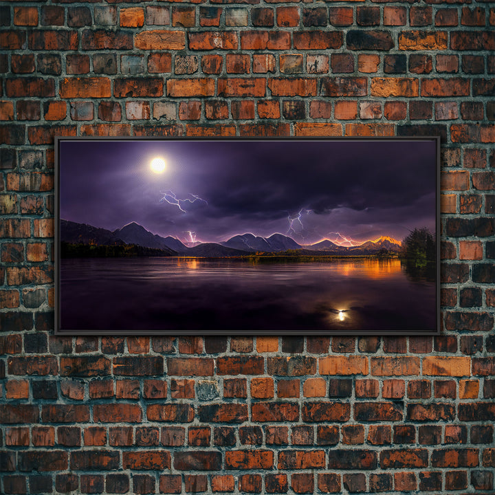 Full moon canvas print, Lightning storm over a mountain lake at night, cool wall art, awesome wall art