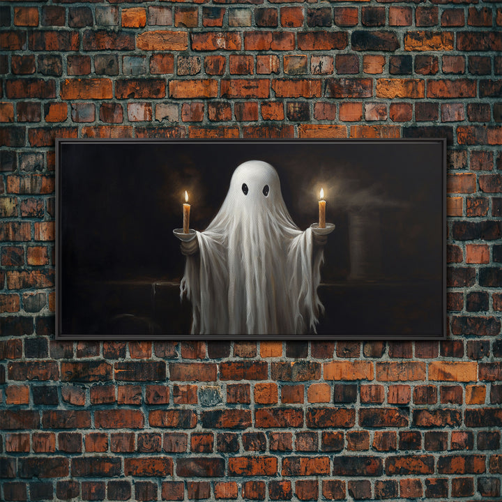 Cute Ghost Holding Candles, Framed Canvas Print, Dark Academia Wall Art, Victorian Oil Painting Style Halloween Wall Art, Ghost Print