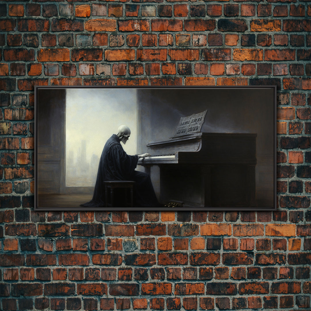 Grim Reaper Playing The Piano, Framed Canvas Print, Cool Halloween Decor, Wild West Themed Halloween Art