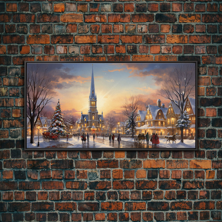 Christmas Centerpiece Wall Art - Framed Canvas Print - Winter Wonderland Victorian Village Decorated for Christmas Canvas Wall Art - Vintage