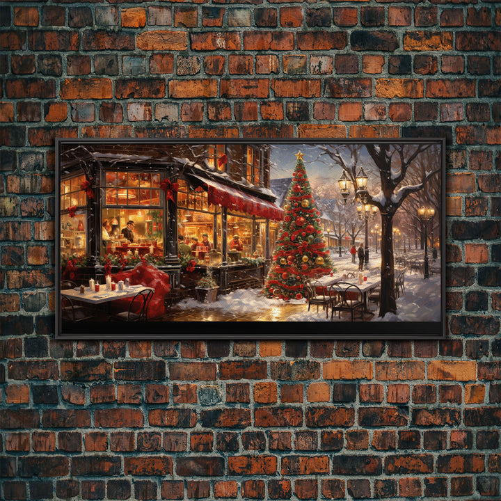 Retro 50s Diner Decorated For Christmas, Framed Canvas Print, Christmas Wall Art, Christmas Decor, Mom Christmas Gift, Christmas Village