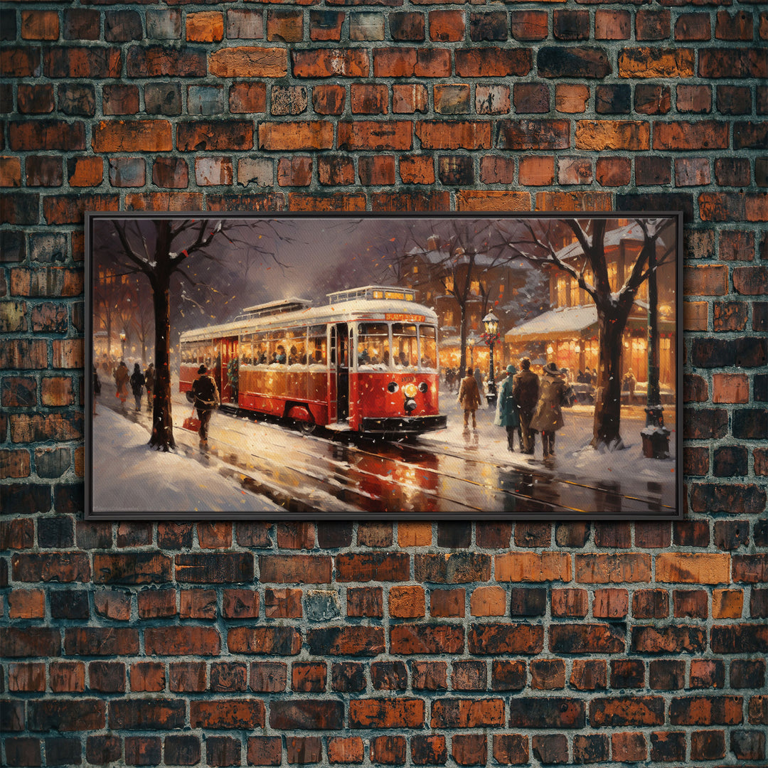 Retro Red Trolley Car Decorated For Christmas, Framed Canvas Print, Christmas Wall Art, Christmas Decor Mom Christmas Gift Christmas Village