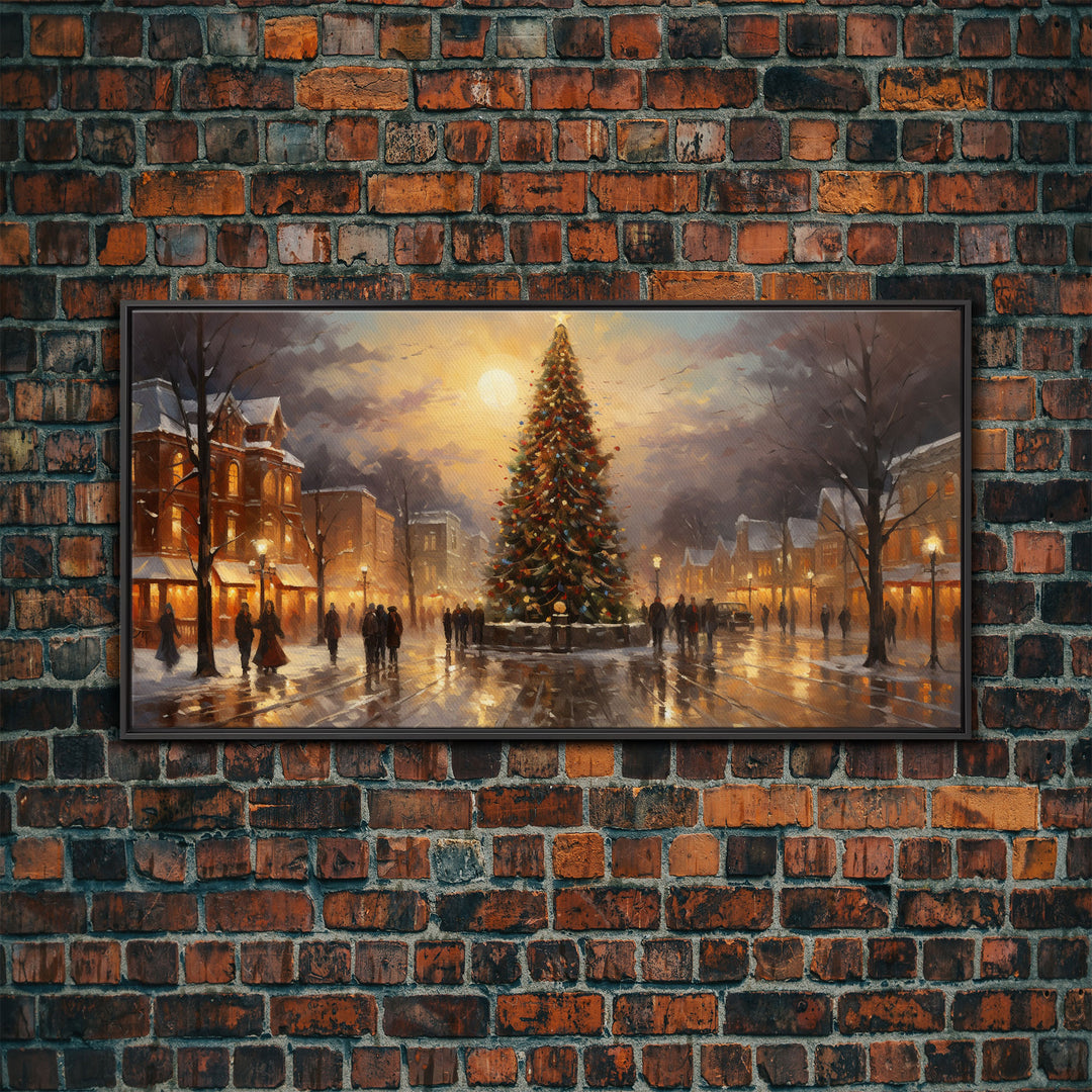 RetroChristmas Village For Christmas, Framed Canvas Print, Christmas Wall Art, Christmas Decor Christmas Gift, Holiday Watercolor Painting