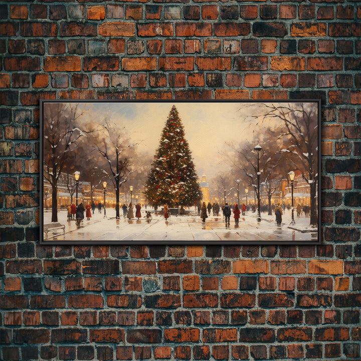 Cute Christmas Village Art, Christmas Decor, Framed Canvas Print, Holiday Painting, Seasonal Decor, Christmas Tree Art Christmas Centerpiece