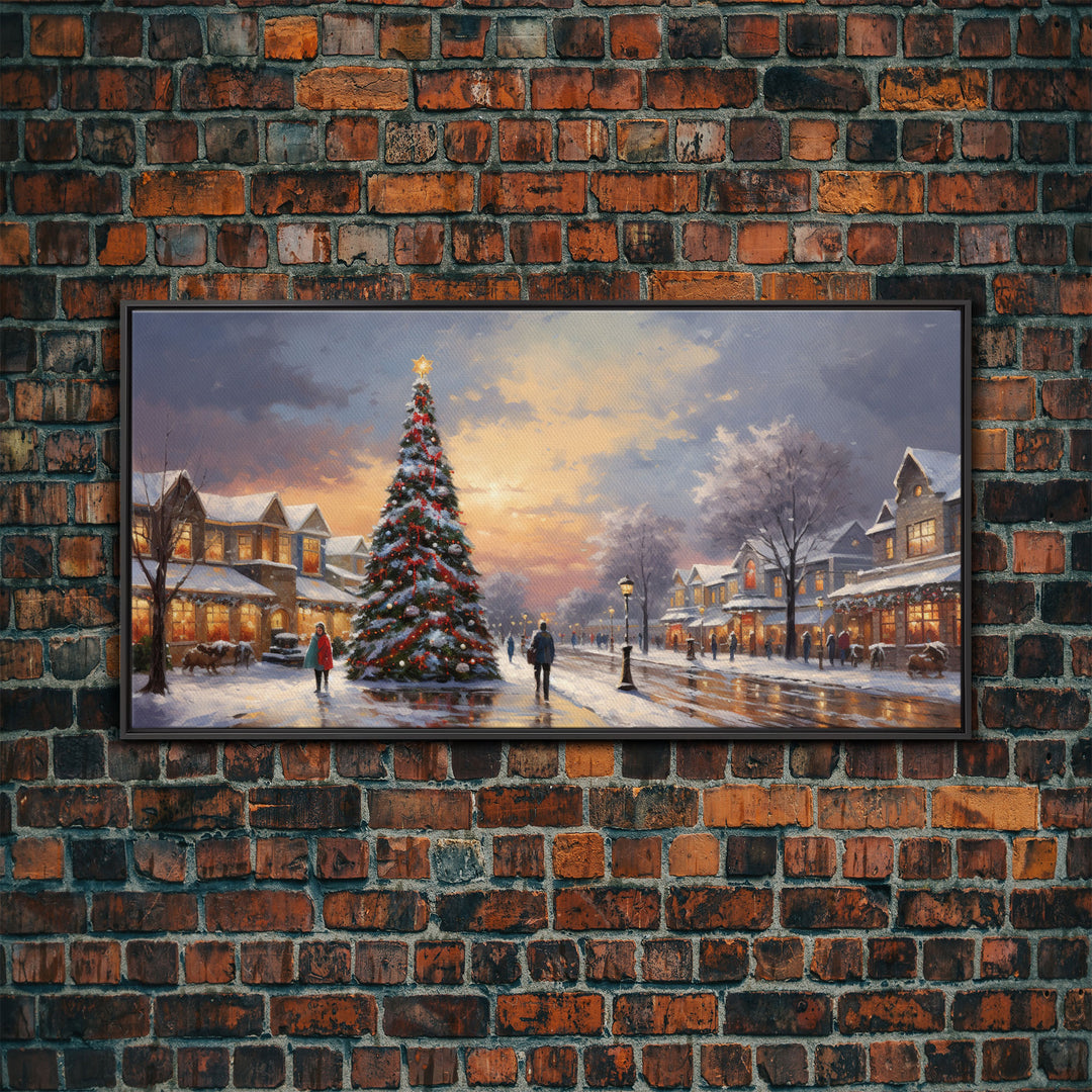 Cute Christmas Decor, Christmas Wall Art, Vintage Winter Wonderland Christmas Village Oil Painting Canvas Print, Framed Wall Art