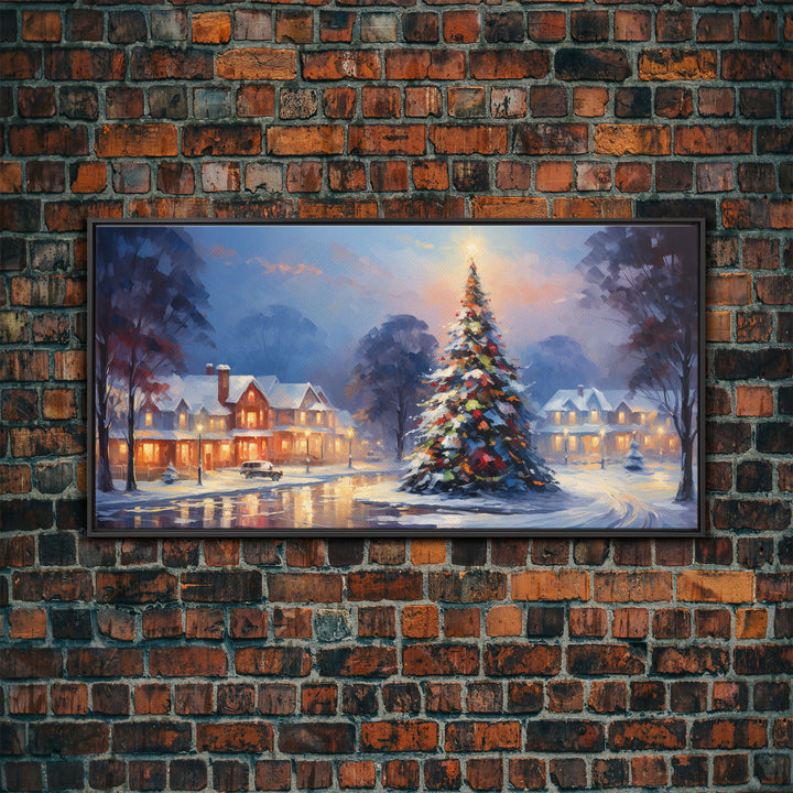 Cute Christmas Decor, Christmas Wall Art, Vintage Winter Wonderland Christmas Village Oil Painting Canvas Print, Framed Wall Art
