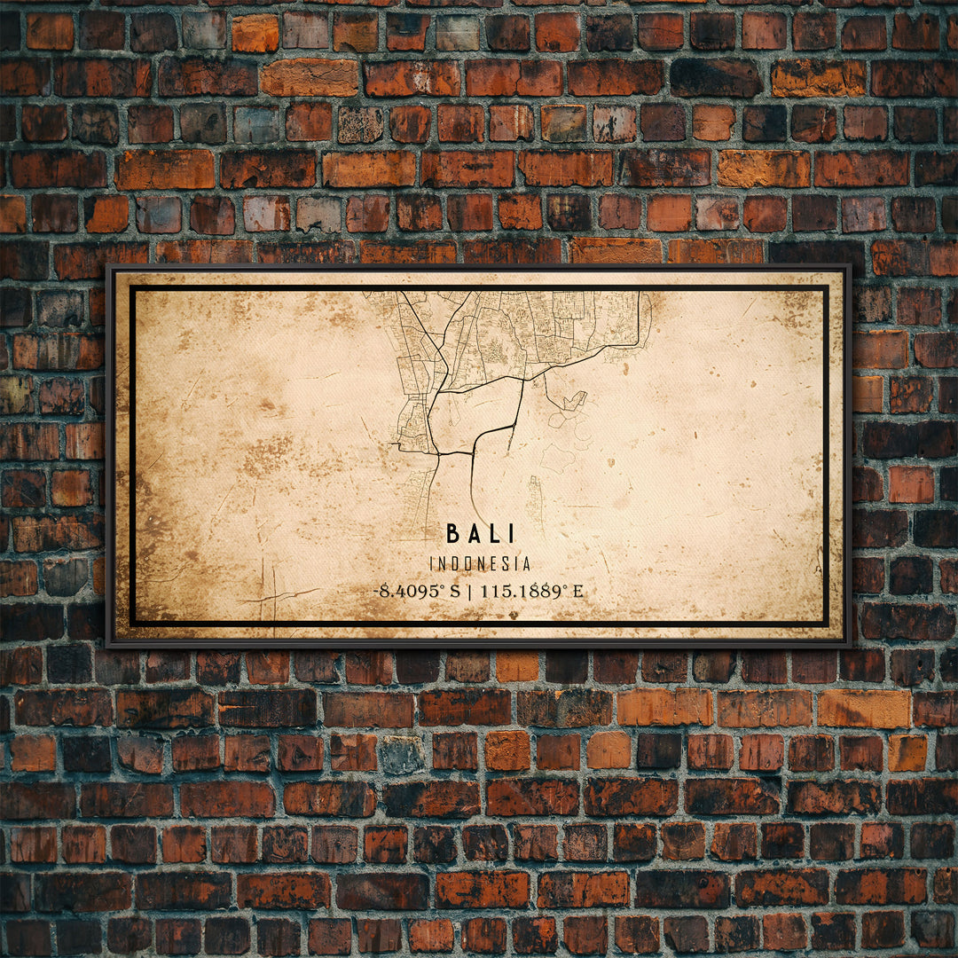 Vintage Bali Indonesia City Map Wall Art Canvas Print, Distressed Style Bali Map, Framed Wall Art, Cool Bali Travel Wall Art, Office Art