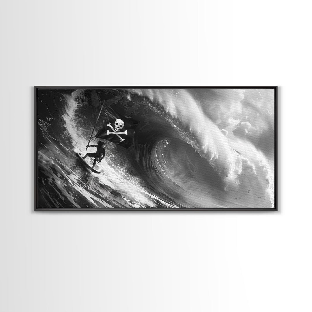 Pirate Surf - Framed Canvas Print - Black & White Photography Style Wall Art - Skull and Cross Bones Wall Art - Manly Decor - Mancave
