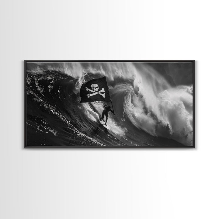 Surfer Waving A Skull and Crossbones Flag While Surfing - Framed Canvas Print - Cool Modern Art - Office / Mancave Decor Gift For Him