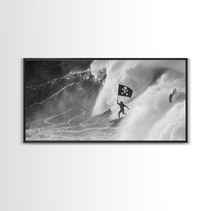 Surfer Waving A Skull and Crossbones Flag While Surfing - Framed Canvas Print - Cool Modern Art - Office / Mancave Decor Gift For Him