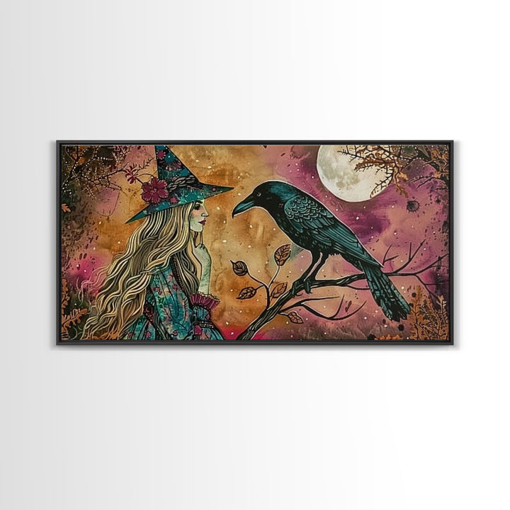 Cottagecore Witch & Raven, Springtime Witch, Halloween Art, Framed Canvas Print, Halloween Accessories, Halloween Decor