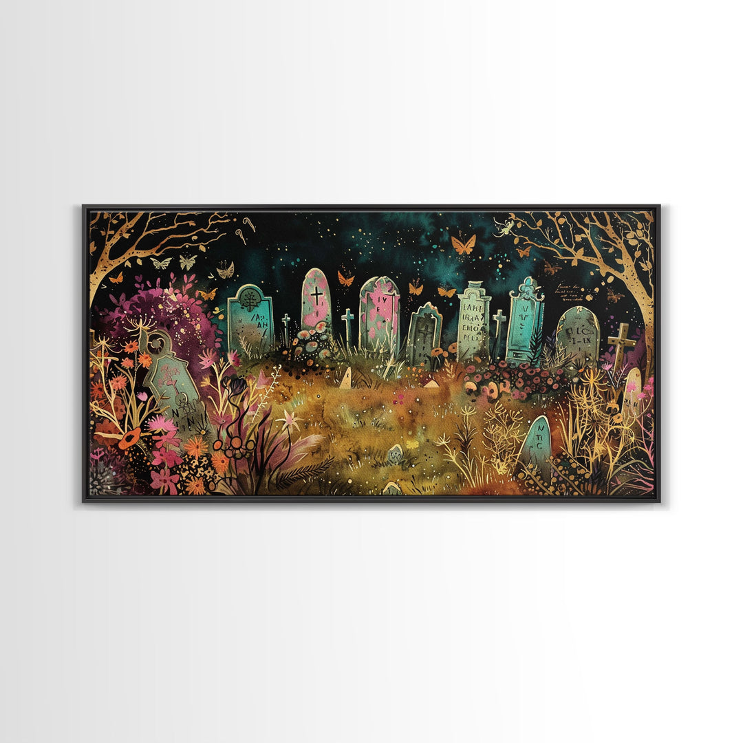 Colorful Haunted Grave Yard In The Spring Time, Framed Canvas Print, Spooky Wall Art, Halloween Spooky Season Decor