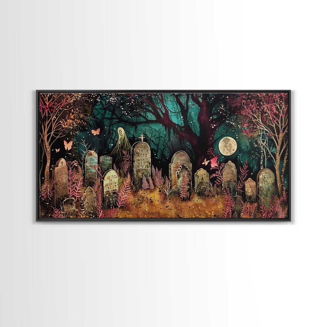Spooky Cottagecore Mashup, Halloween Decor, Framed Canvas Print, Haunted Grave Yard Halloween Prop