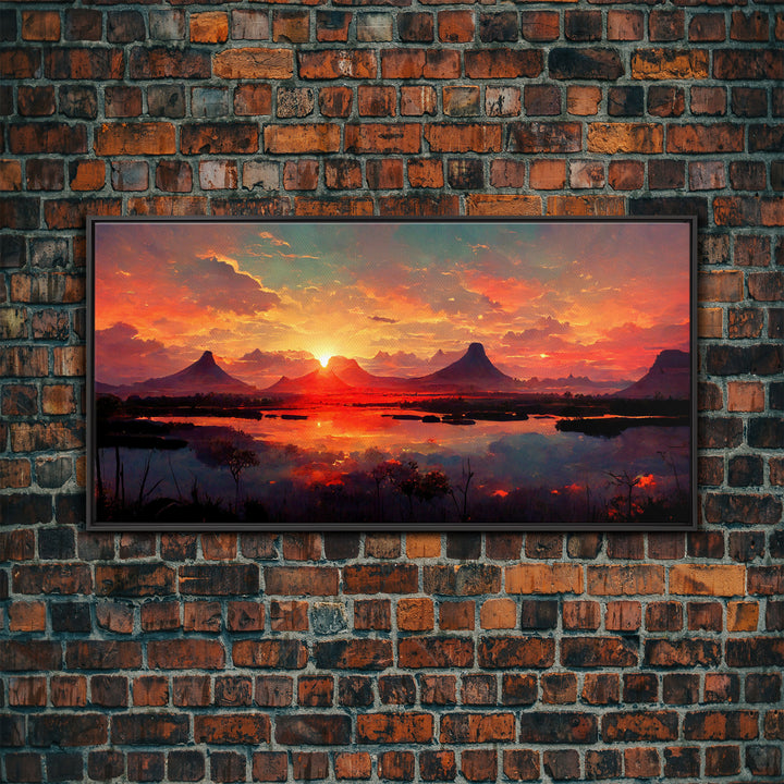 Mountain and Lake Sunset Wall Art Oil Painting On Canvas, Canvas Print, Ready to hang gallery wrapped nature framed canvas print, lake life