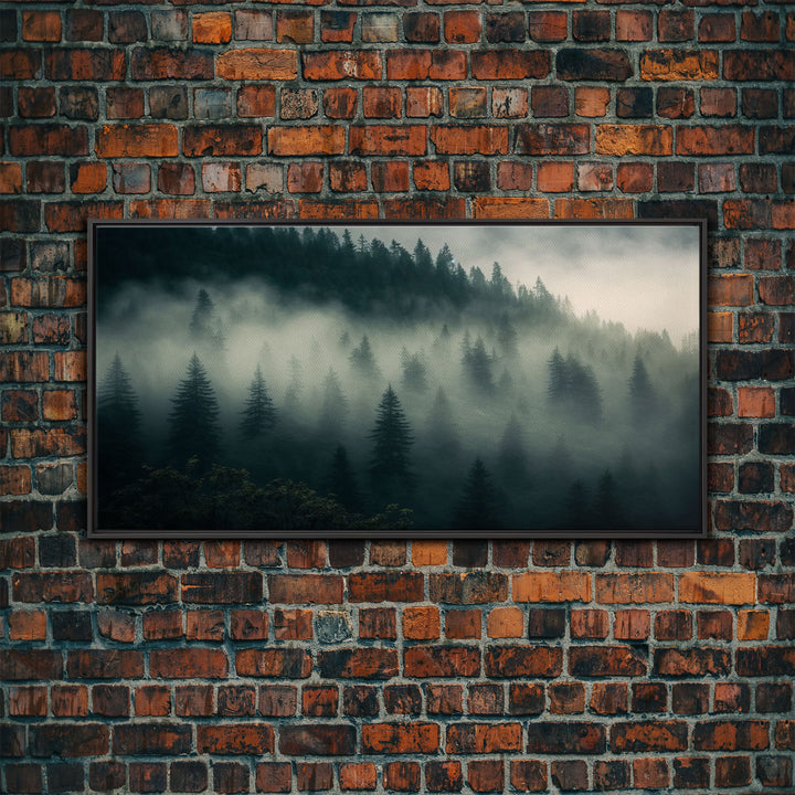 Foggy pine forest, Canadian forest art, framed canvas print, farmhouse decor, misty forst landscape