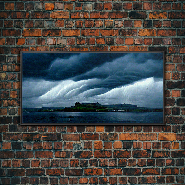 Rainstorm wall art, canvas print, ready to hang, fast moving storm over an island castle, cool wall art