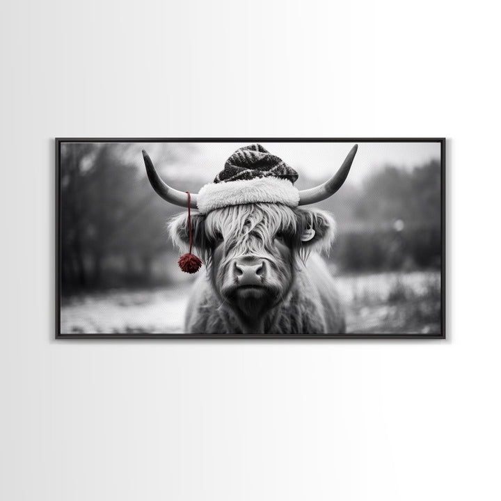 Highland Cow Wearing Santa Hat, Festive and Fun Framed Canvas Print for Holiday Wall Art, Living Room or Bedroom Decor