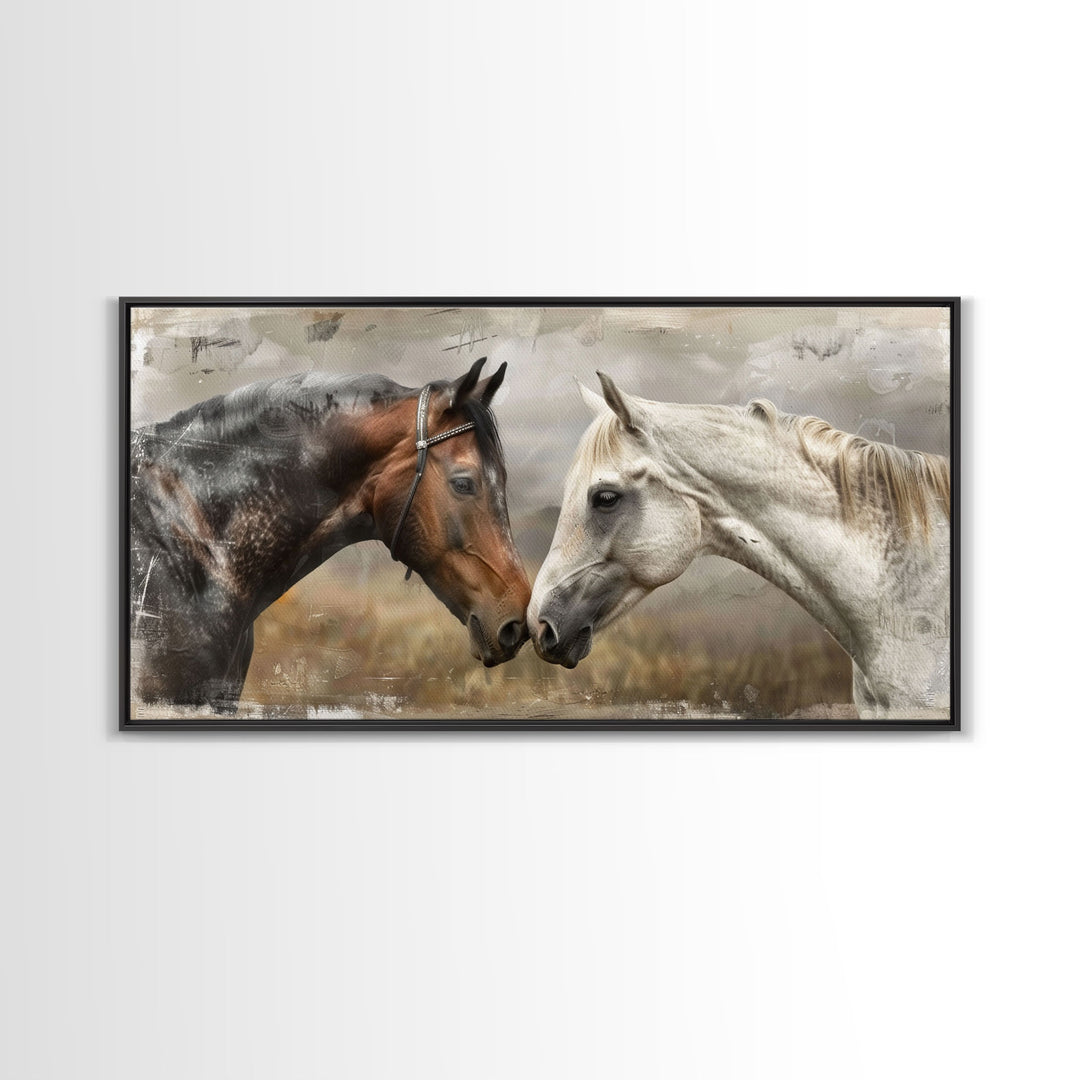 Black and White Horses, Framed Canvas Print for Elegant Living Room Decor, Equine Art for Home and Bedroom Decoration