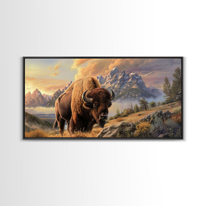Powerful Bison in Mountain Valley, Framed Canvas Print, Ideal for Living Room Art, Nature Inspired Wall Art, Bedroom Decoration