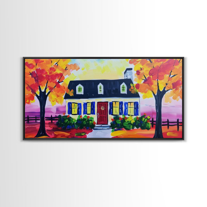 Cozy Cottage in Autumn, Framed Canvas Print, Ideal for Living Room Art, Rustic Home Decor, Charming Bedroom Wall Art