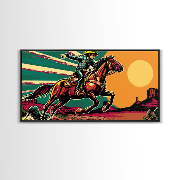 Vintage Cowboy Riding Horse, Western Sunset Wall Art, Framed Canvas Print, Rustic Decor, Cowboy Art, Country Living Room