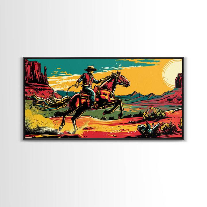 Cowboy Galloping in Desert, Vibrant Sunset Western Art, Framed Canvas Print, Farmhouse Decor, Colorful Wall Art, Cowboy Theme