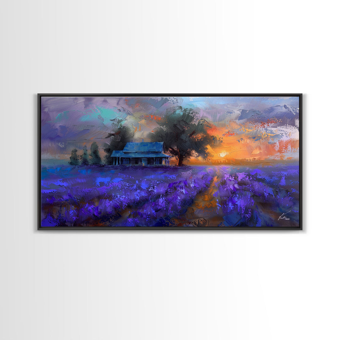 Lavender Field at Dusk, Moody Landscape Art, Framed Canvas Print, Boho Decor, Lavender Art, Rustic Bedroom Decor