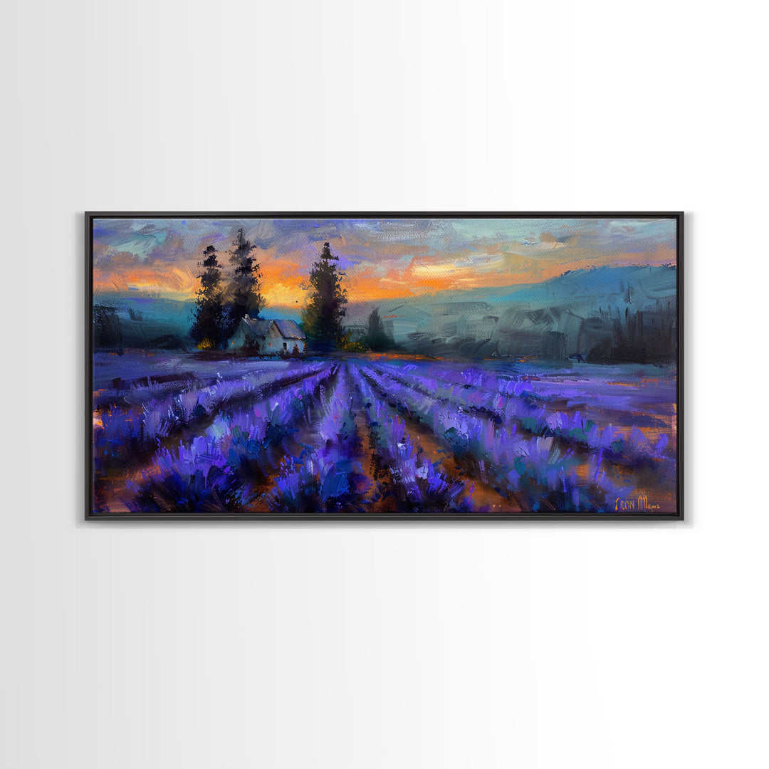 Lavender Field with Cottage, Warm Sunset Colors, Framed Canvas Print, Rustic Decor, Country Wall Art, Farmhouse Vibes